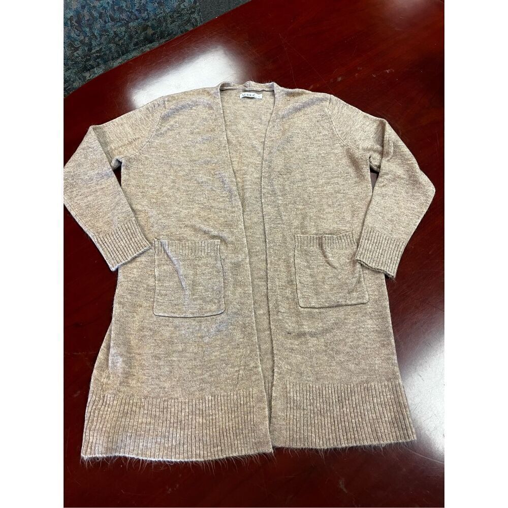 Serra Tan Open Front Long Cardigan Sweater sz L EUC